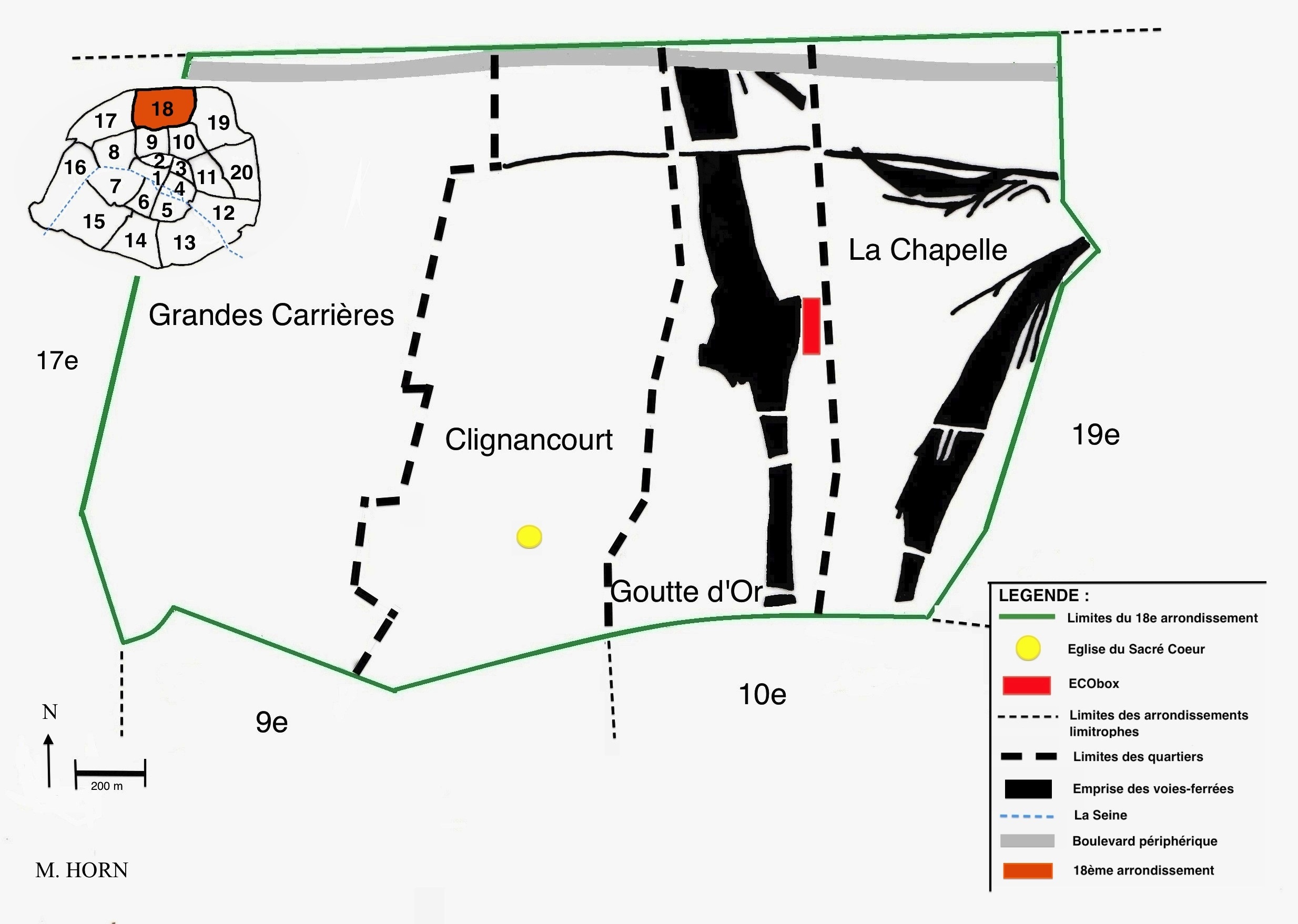Figure 2 : Le 18e arrondissement : Situation, découpage administratif et emprise des voies ferrées. Source : Marie Horn.